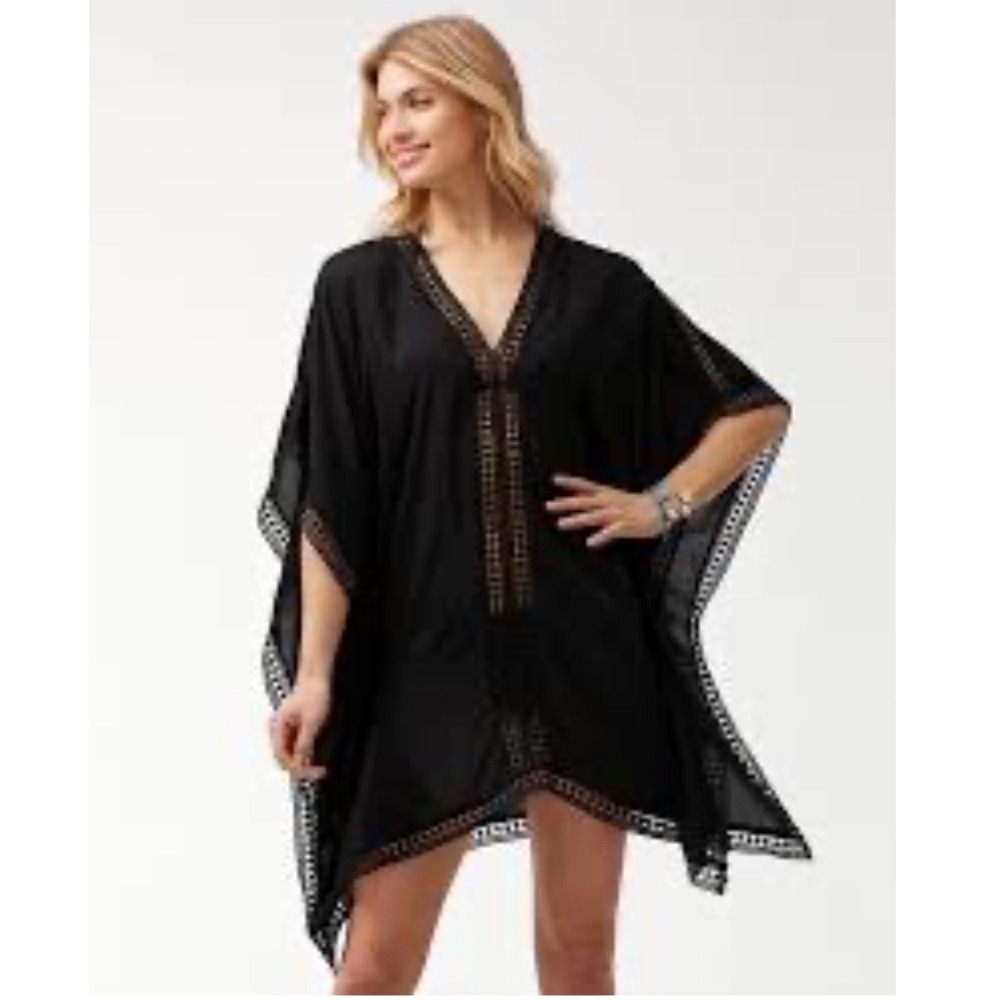 Tommy Bahama Cover Up Women's Small Black Kaftan Sunlace Trim Crochet Tunic
